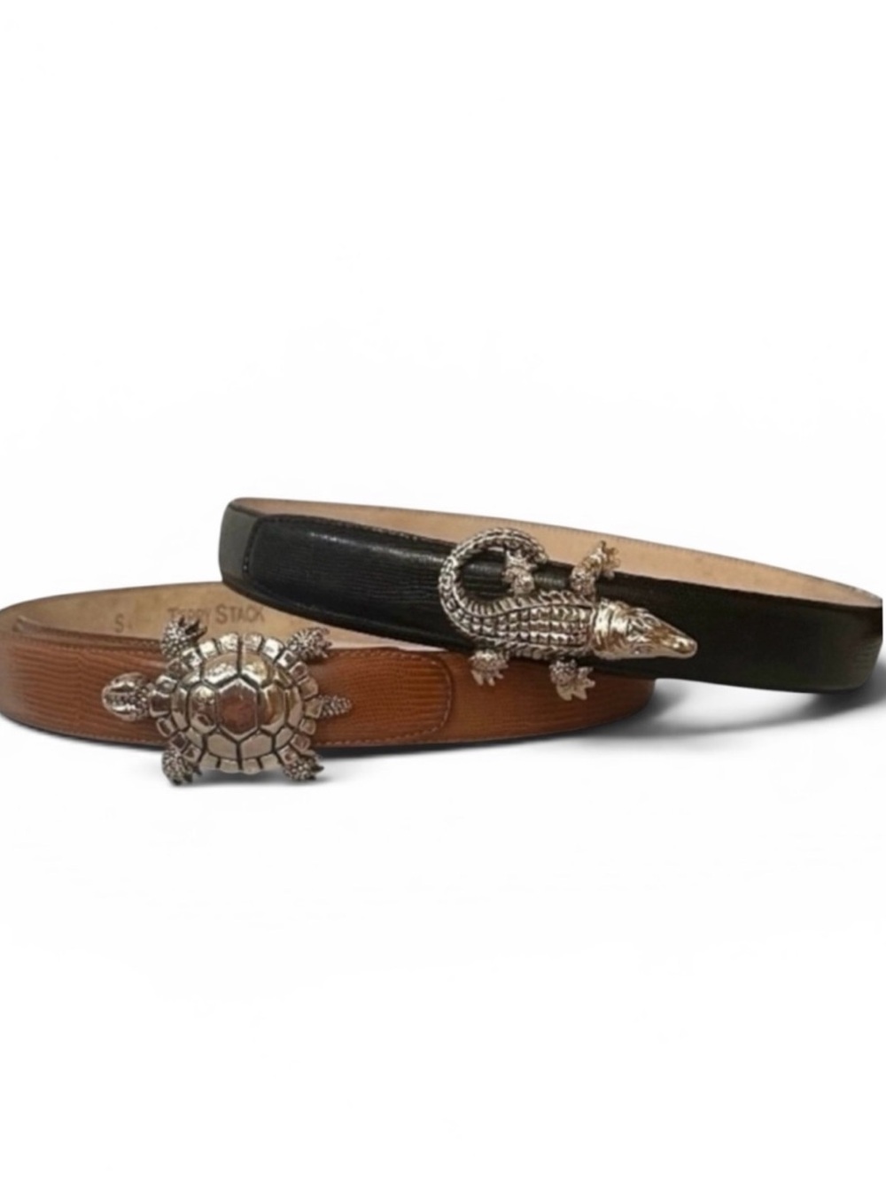 2 Terry Stacks Black and  Brown Leather Belts w/Silver Turtle & Crocodile Buckle
